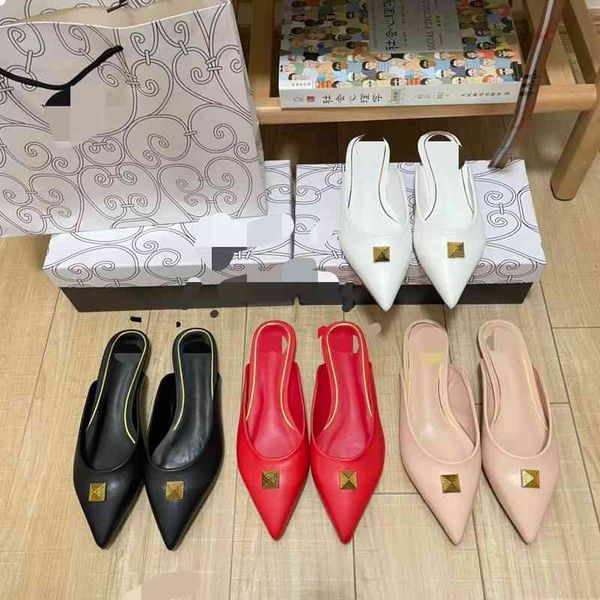 

designer shoes high end 2022 spring summer new leather flat bottom vt rivet tip versatile fashion baotou semi drag lazy cool, Black