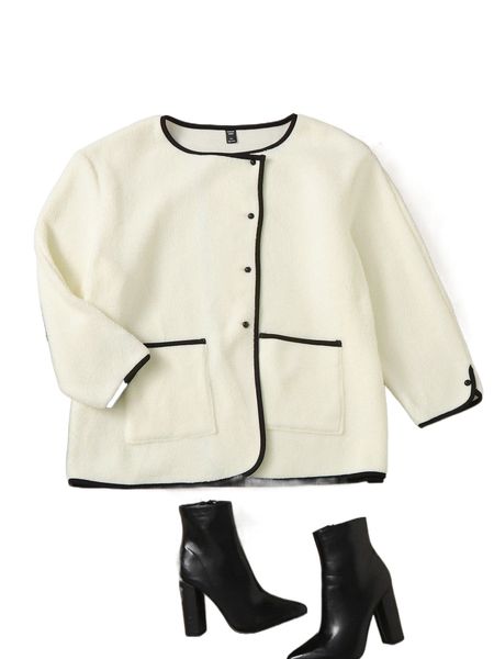 

plus contrast binding pocket patched fleece coat d0eb#, Black