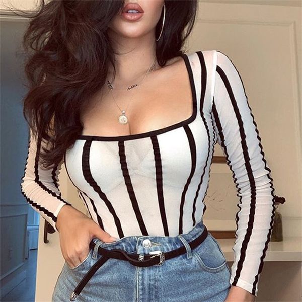 High Street White Scoop Neck Mesh Sheer Striped Long Sleeve Pagliaccetti Donna Body Fishnet Top Fashion Tute trasparenti Abiti 220505