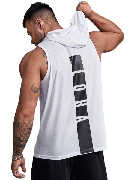 

extended sizes men letter graphic drawstring hooded tank k5nv#, White;black