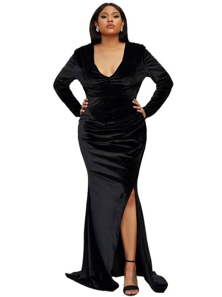 

seomiscky plus velvet split thigh dress e4le#, Black