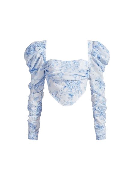 

mod sweetheart neck gigot sleeve bandana hem plants print blouse 18ow#, White