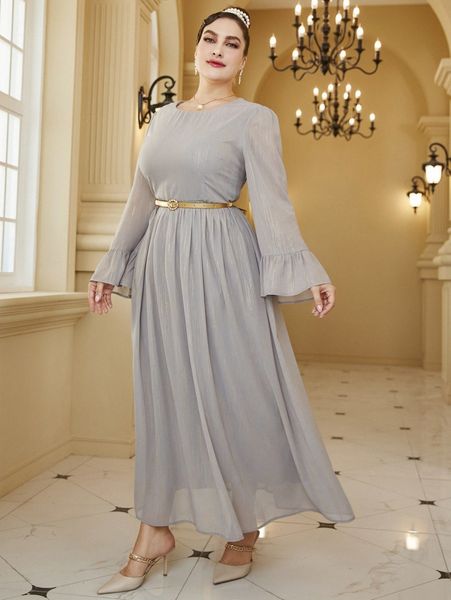 

plus flounce sleeve belted dress k9al#, Black