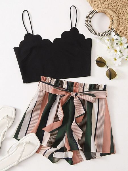 

plus scallop trim cami & paperbag waist striped shorts p2cp#, Black