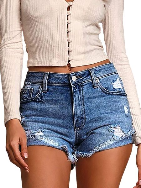 

womens mid waisted denim shorts distressed frayed raw folded hem stretchy short jeans j7sz#, White;black
