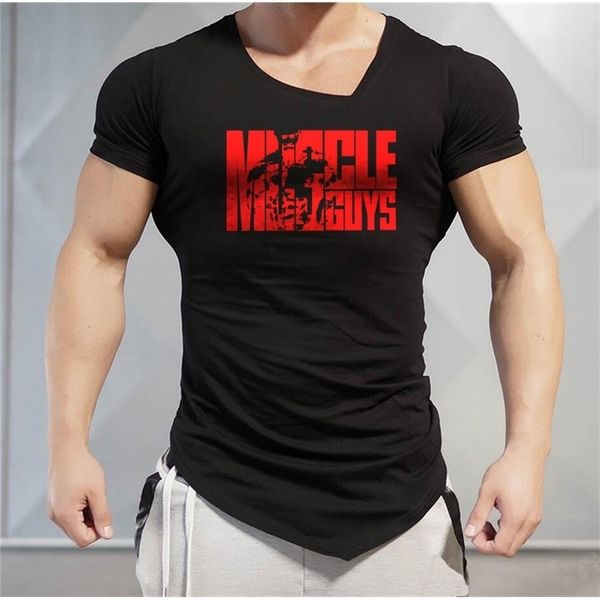 Muscleguys Brand Letters Print Mens Tshirts Fitness Gyms тренировки v Neck Tshirt Cotton Bodybuilding футболка Men 220621
