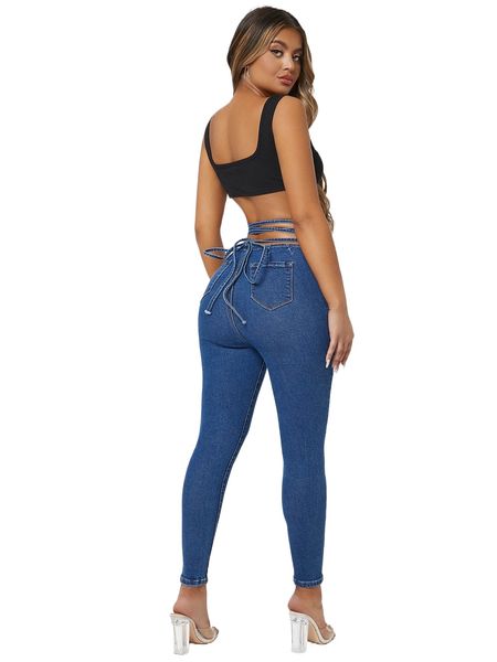 

sxy curvy lace up waist skinny jeans u9em#, Blue