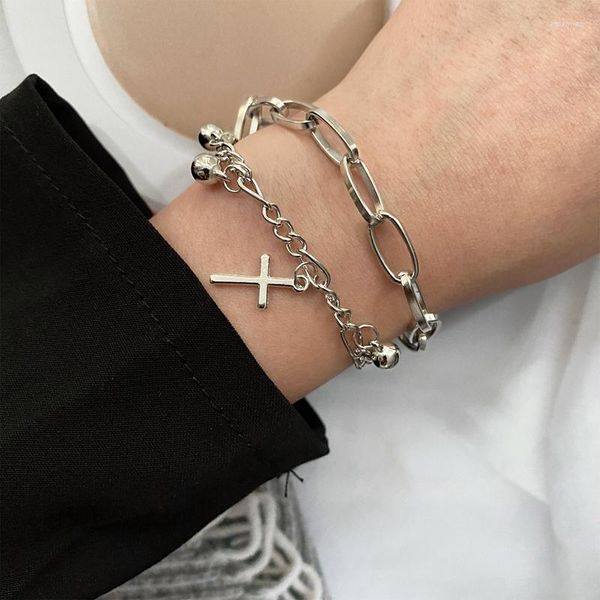 Catena a maglie Punk Croce Bracciale con ciondolo a cuore Braccialetti con monete multistrato Braccialetti per le donne Festa in argento Colore Gioielli RegaliLink Lars22