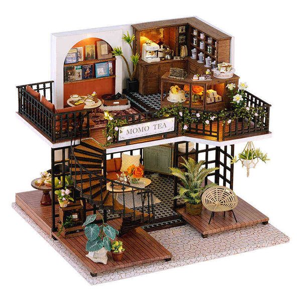 

wooden doll house kit miniature with furniture lights forest tea coffee store casa diy villa dollhouse toys adults xmas gifts aa220325