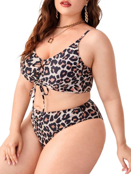 

plus leopard drawstring bikini swimsuit l3a1#, White;black