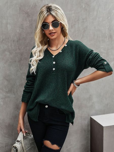 

solid drop shoulder button front sweater q2vv#, White;black