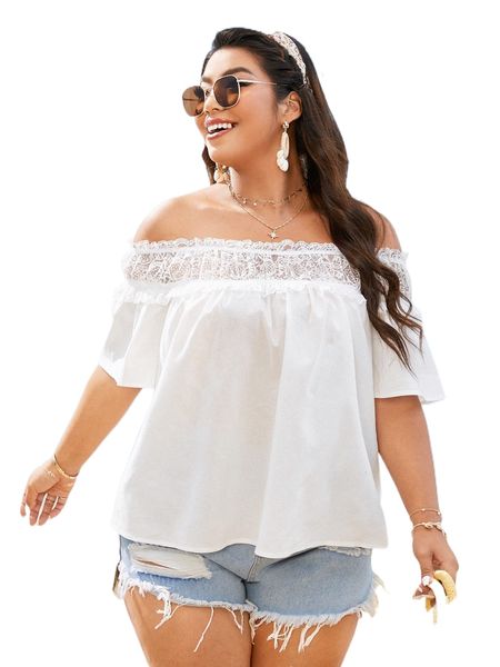 

plus contrast lace off shoulder frill trim blouse i94t#, Black