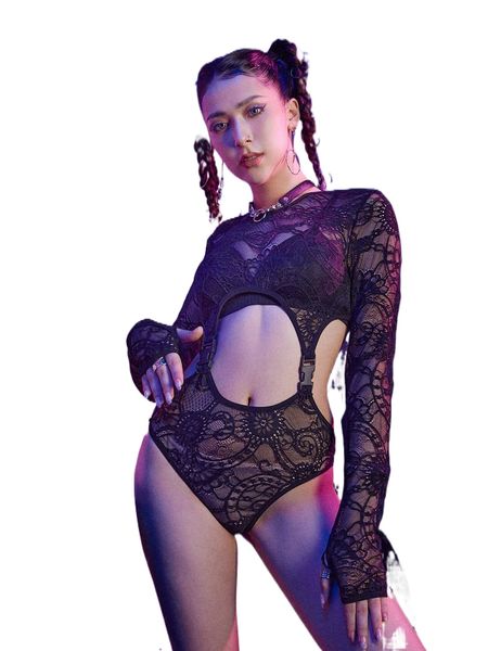 

romwe cyber luvr lace cut out buckle teddy bodysuit v2gw#, Black;red