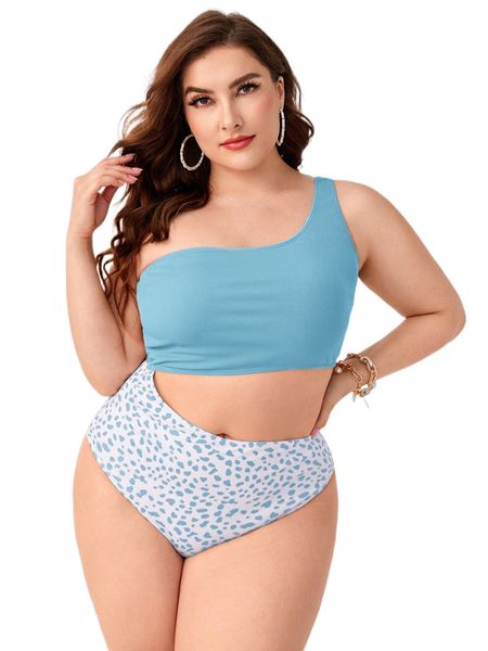 

plus dalmatian rib cut-out one piece swimsuit a91n#, White;black