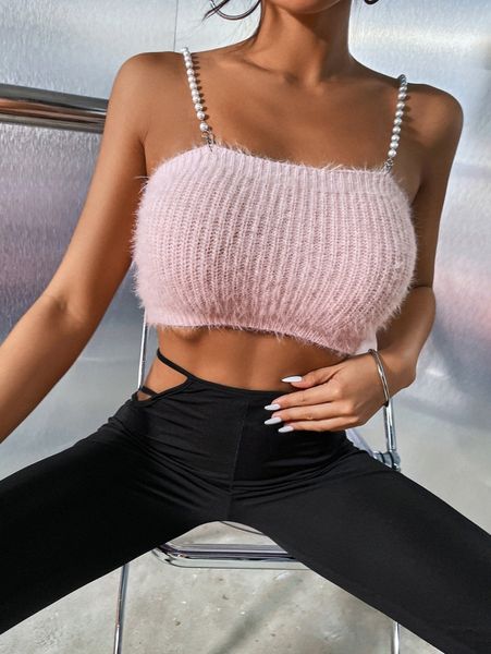 

pearl straps crop fuzzy knit p7ax#, White;black