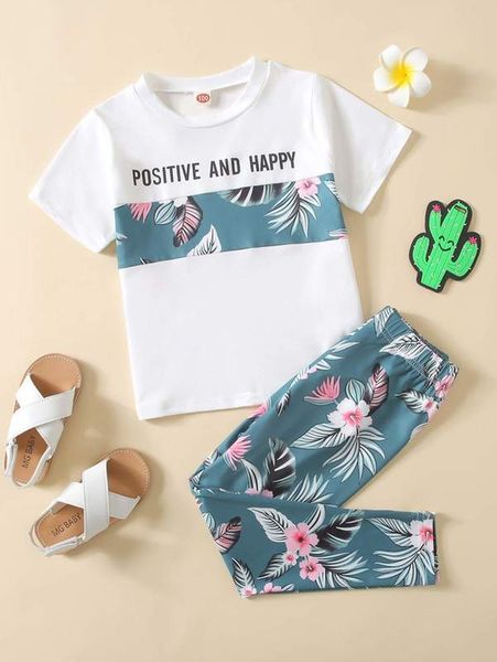 T-Shirt-Leggings mit Slogan und tropischem Aufdruck für Kleinkinder und Mädchen SHE