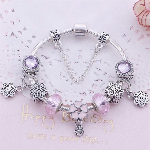 

16-21cm charm bracelet 925 silver bangle pink crystal charm beads accessories four leaf pendant fit for pandora snake chain diy je259r, Golden;silver