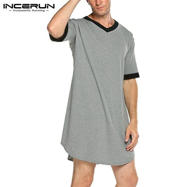 Incerun Mens Nightgown Fashion Patchwork Robe Solid Color Sleepwear Man Homem de Manga Curta Bathrobe Loose V Nech Nightwear S 5xl 220628