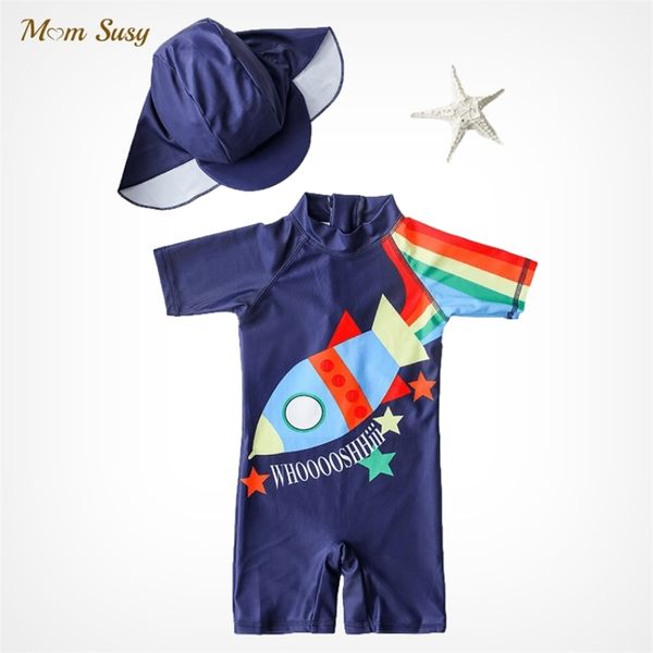 

summer baby boys swim suit one piece with cap infant toddler child swimwear cartoon zipper bathing suit kid swimming clothing 220614, Blue