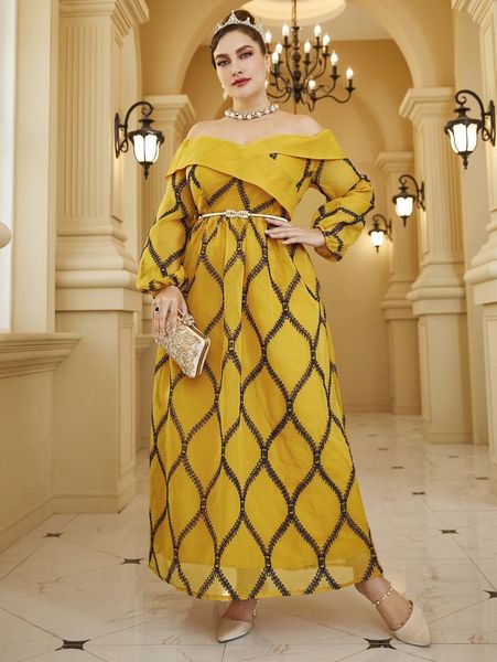 

plus random argyle embroidery off shoulder lantern sleeve dress without belt g1pw#, Black