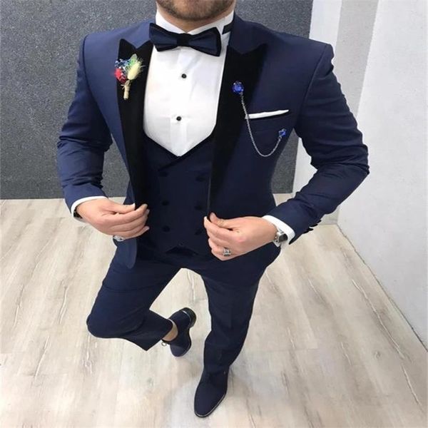 Herrenanzüge Blazer Frühling/Herbst Königsblau Männer Slim Fit Schwarz Revers Jacke Weste Hosen Rauchen Business 3 Stück Hochzeit Smoking Benutzerdefinierte M