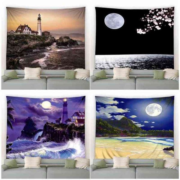 Fiori Luna piena Notte Paesaggio marino Arazzo Montagne costiere Faro Mare Onde Paesaggio Appeso a parete Modern Home Room Decor J220804