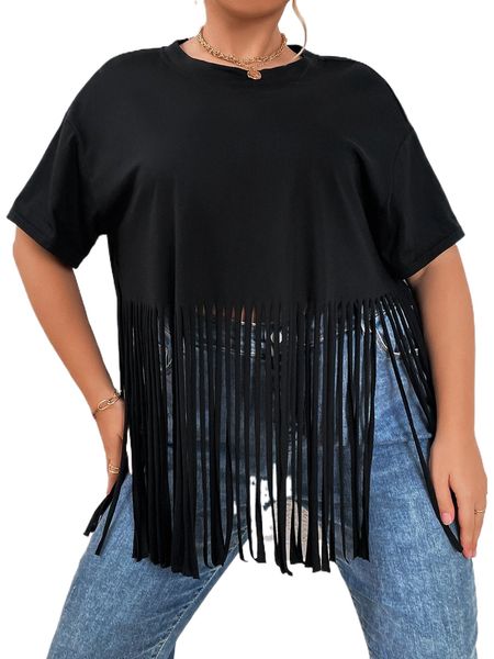 

plus solid fringe hem t-shirt 08qb#, Black