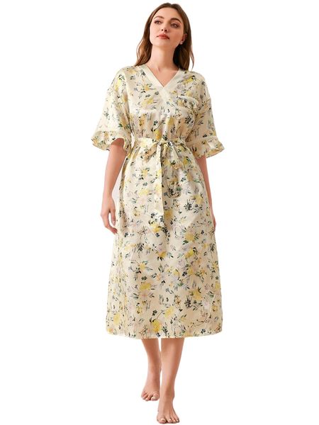 

floral print flounce sleeve belted nightdress b4yr#, Black;red
