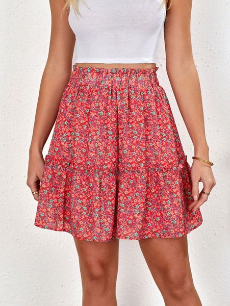 

ditsy floral print paperbag waist frill trim skirt e4nx#, Black