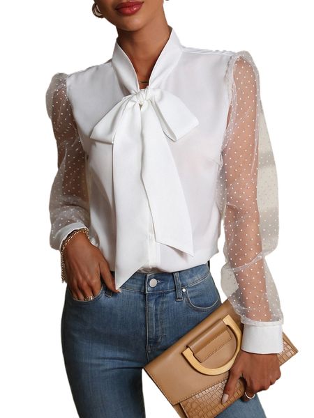 

contrast polka dot mesh tie neck blouse g2yd#, White