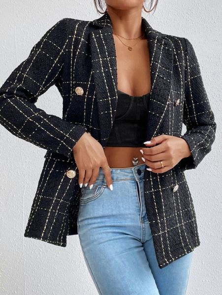

plaid double breasted tweed blazer j5we#, White