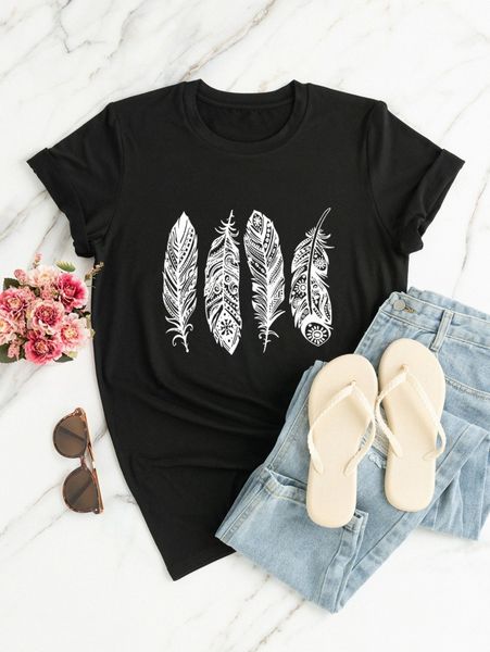

plus feather print tee 67fe#, Black