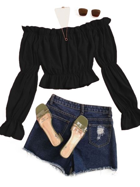 

solid ruffle trim off the shoulder blouse 963w#, White