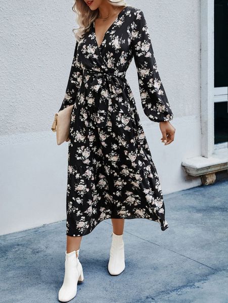 

allover floral print surplice neck bishop sleeve belted dress k2tr#, Black;gray