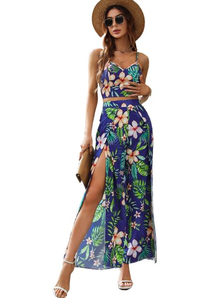 

tropical print shirred back crop cami & wrap leg pants b86f#, White