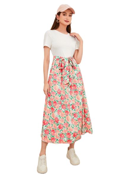 

floral print belted a-line dress r9jx#, Black;gray