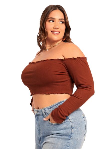 

evolu plus off shoulder lettuce trim crop tee g8d3#, Black