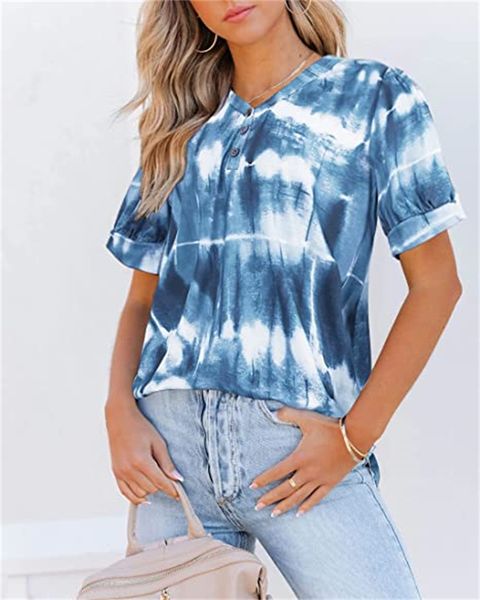 

& tees women tie dye button v neck puff sleeve t-shirt street casual top, White