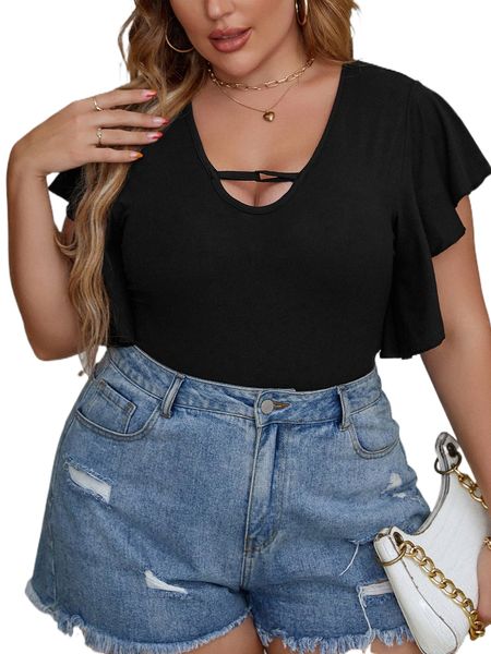 

plus butterfly sleeve cut out v neck bodysuit q5ad#, Black