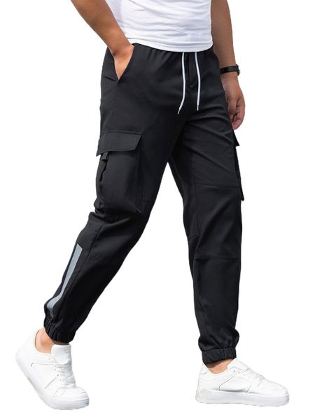 

men flap pocket side drawstring waist cargo pants g9qs#, Black