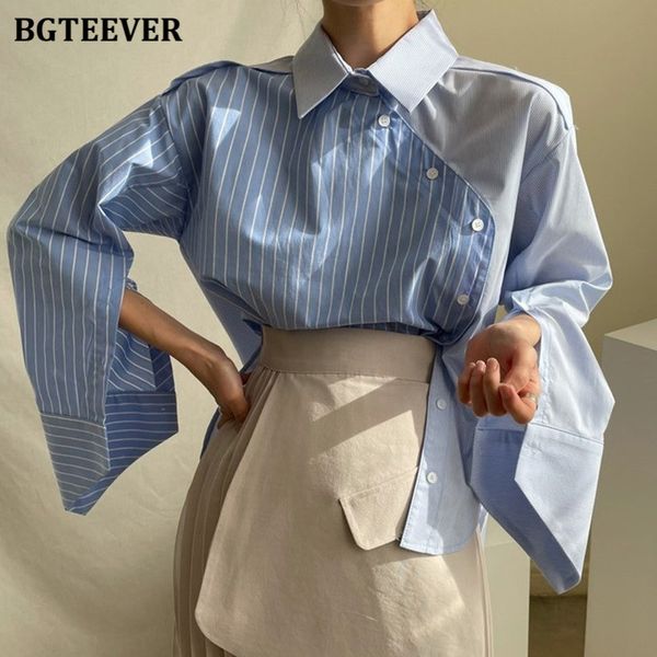 

chic ladies lapel striped women blouses split sleeve irregular buttons female shirts casual patchwork blusas mujer 2021, White