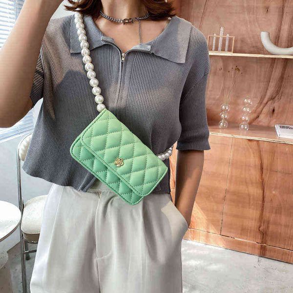 

fashion plaid shoulder bag women solid color pu leather small square crossbody bag 2022 pearl chain designer handbag kawaii tote y220720