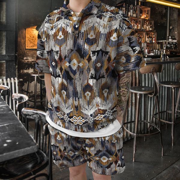 

summer trend street ethnic element print short-sleeved polo shirt men's casual fashion beach pants two-piece set 220601, Gray