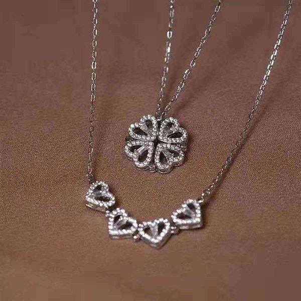 

2022 fashion double diamond inlay heart 18k gold plated delicate shine four leaf clover necklace for women, Silver
