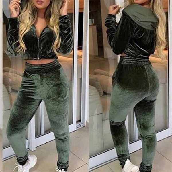 2020 Women S Velvet Fabric Tracksuit de manga comprida Capuzes Coat Spring Sports Sports Sports Troushers Velor Mulheres de traje calças LJ201125