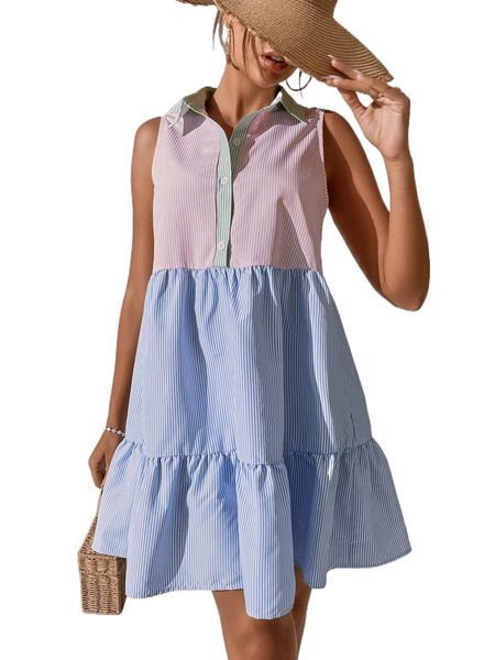 

striped colorblock button front ruffle hem smock dress x1nu#, Black;gray