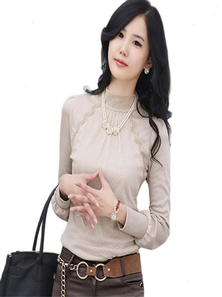 

female winter turtleneck patchwork shirt full lantern sleeve thick shirts woman spring hedging lace stretch velvet, White