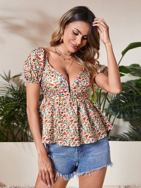 

ditsy floral print puff sleeve peplum blouse u8k3#, White