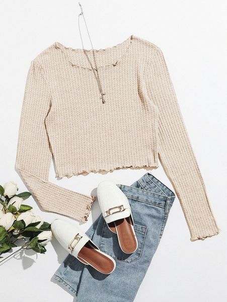 

waffle knit lettuce-edge tee c1bk#, White