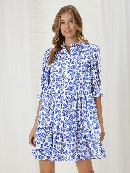 

allover floral print puff sleeve smock dress s7ur#, Black;gray